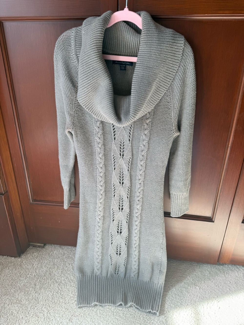 American Eagle Outfitters Gray Cable-Knit Cowl Sweater Dress